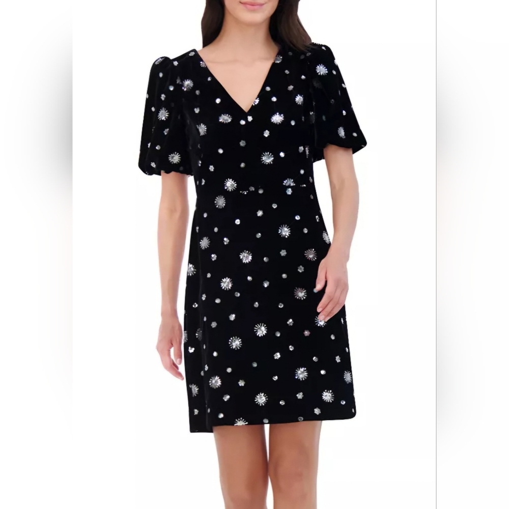 Eliza J Sequined Puff-Sleeve A-line Dress: Black Velvet W/silver Sequins